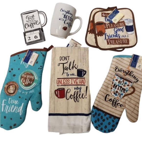 Coffee Lovers Bundle Block Calendar Oven Mitts‎ Coffee Cup Dish Towel - Picture 1 of 12